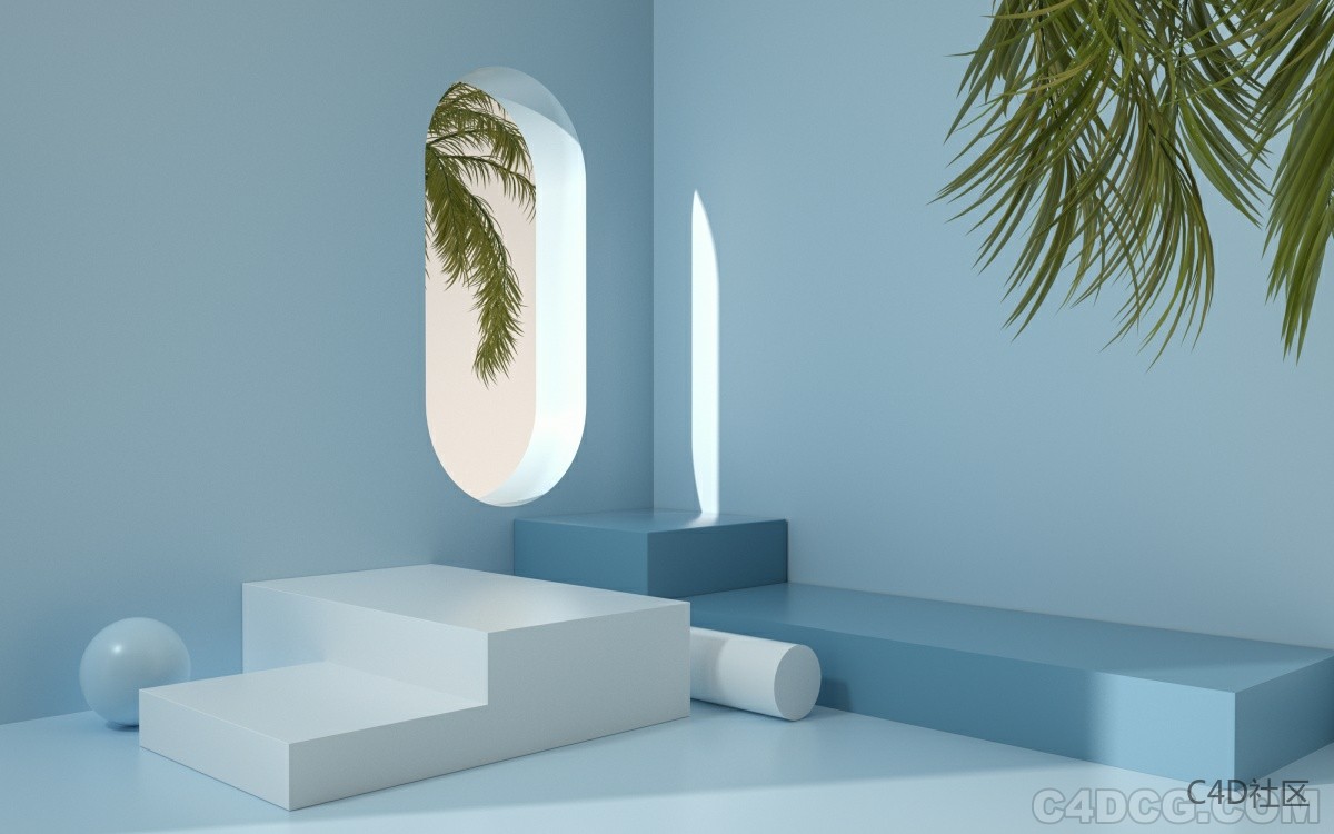 C4D电商场景-青色绿植简约电商海报场景