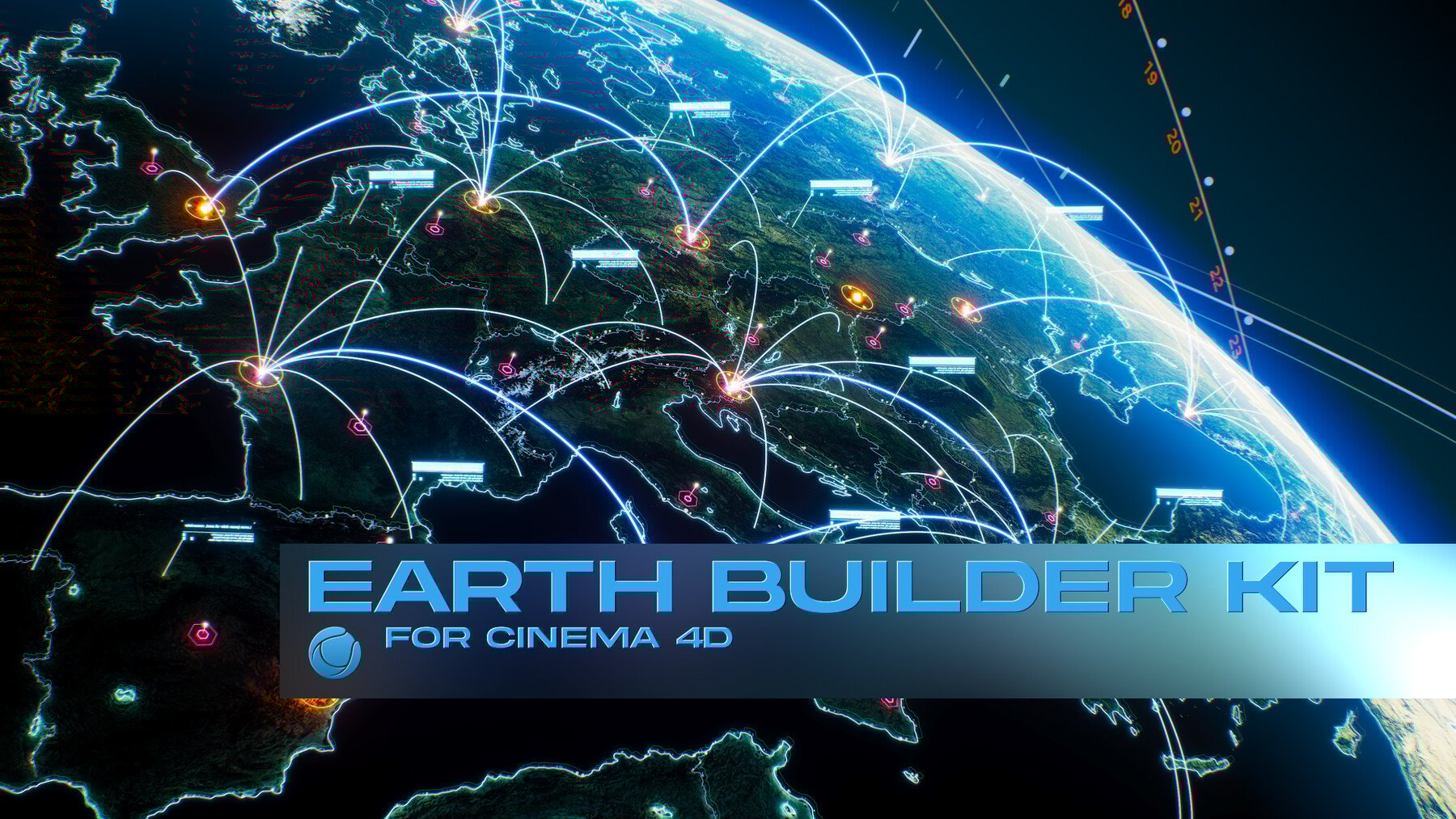 Earth Builder Kit Fro Cinema 4D 科技感地球地点定位预设