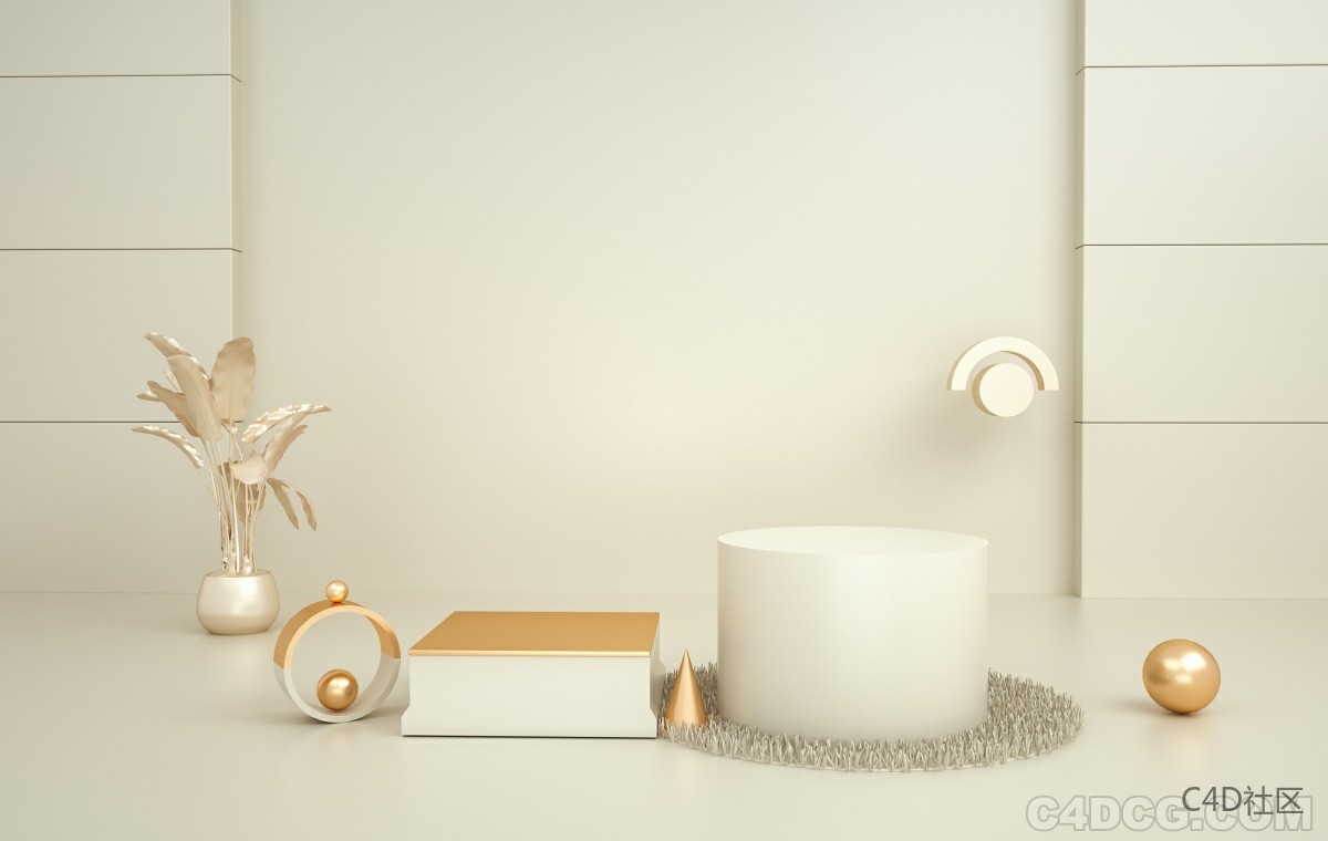C4D电商场景-金色植物和地毯海报场景